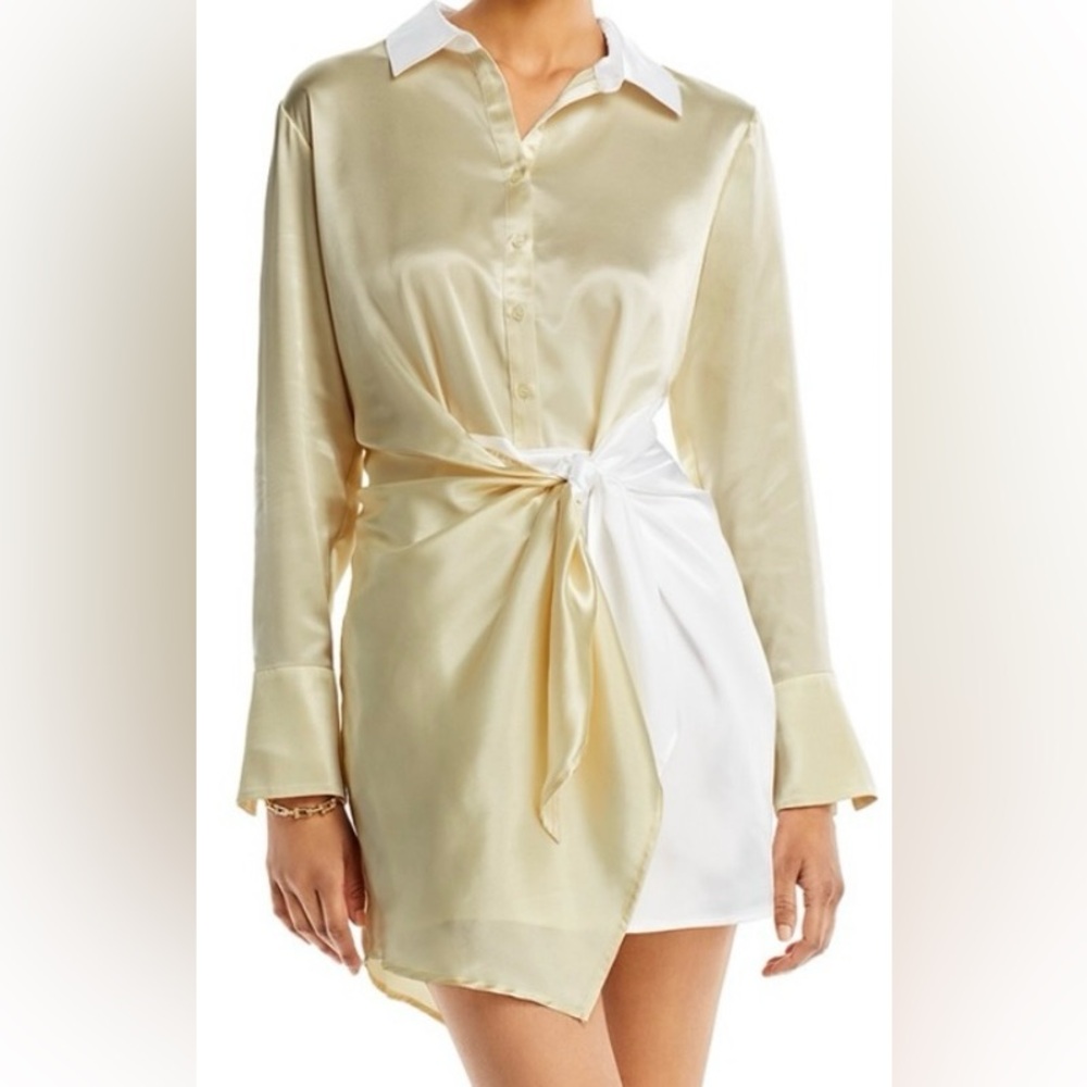 Aqua Cream & White Dress with tie front & asymmetrical cut.